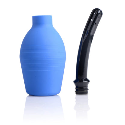 A blue, ribbed silicone CleanStream Premium Enema Bulb - 300 ml by Xr LLC sits beside a curved black nozzle with small holes, all on a white background. Equipped with a one-way valve, its designed for efficient fluid dispensing and cleansing.