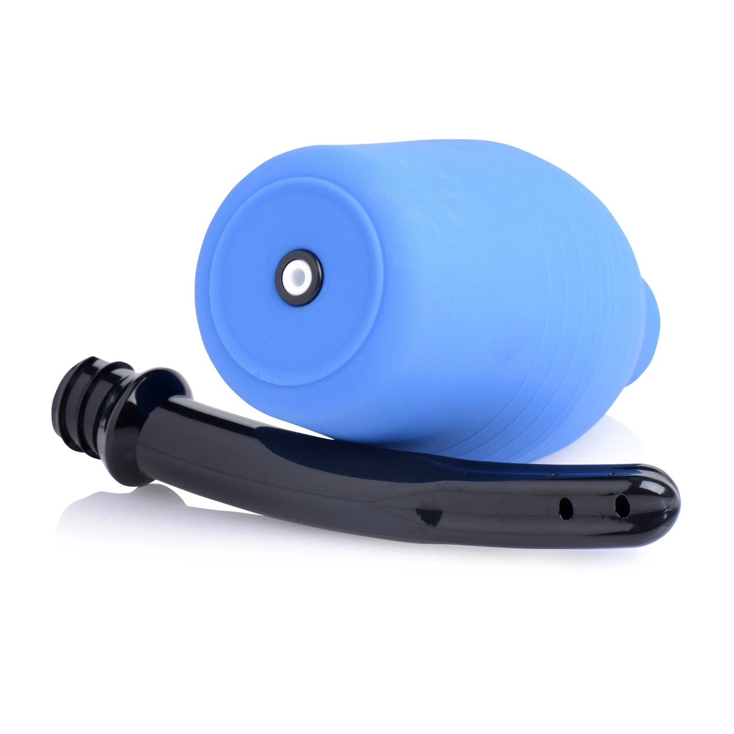 A blue CleanStream Premium Enema Bulb - 300 ml by Xr llc, featuring a white one-way valve, rests sideways next to a black plastic attachment with two small holes. The reflective surface highlights their undersides.