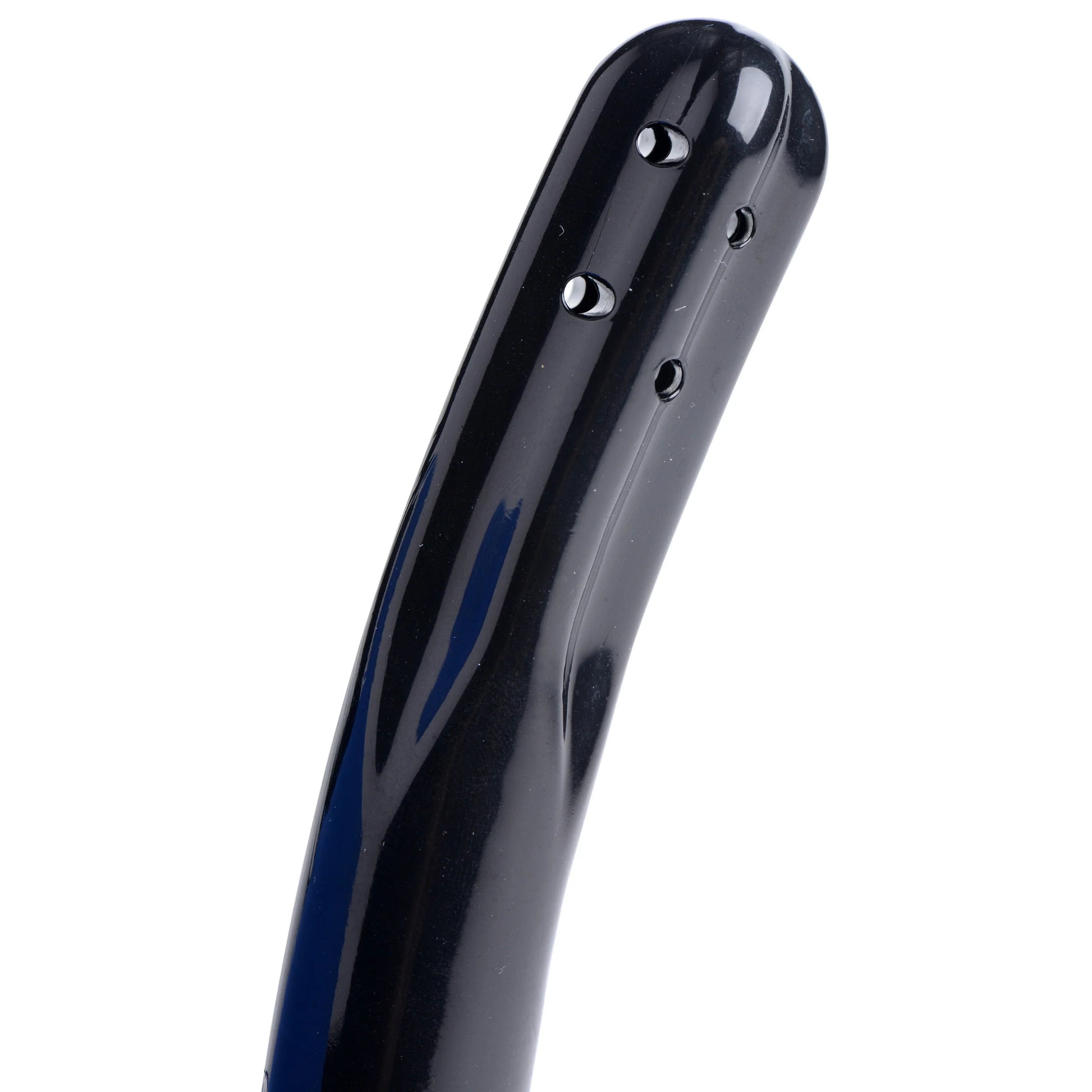 Close-up of a glossy, curved black plastic object with holes, resembling the sleek design of an Xr llc CleanStream Premium Enema Bulb - 300 ml.