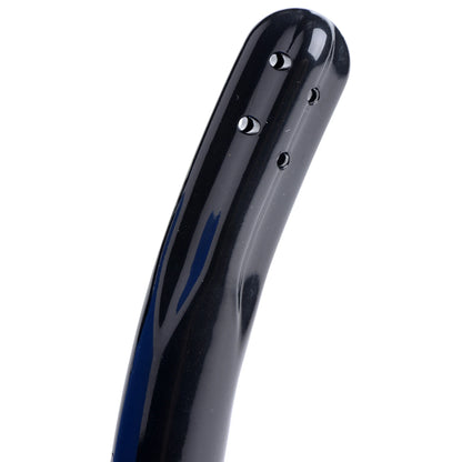 Close-up of a glossy, curved black plastic object with holes, resembling the sleek design of an Xr llc CleanStream Premium Enema Bulb - 300 ml.