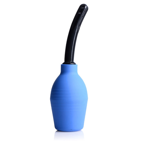 The CleanStream Premium Enema Bulb by Xr llc, a blue rubber design, stands upright on a white background. It features a long black nozzle with horizontal grip ridges and an innovative one-way valve for ease of use.