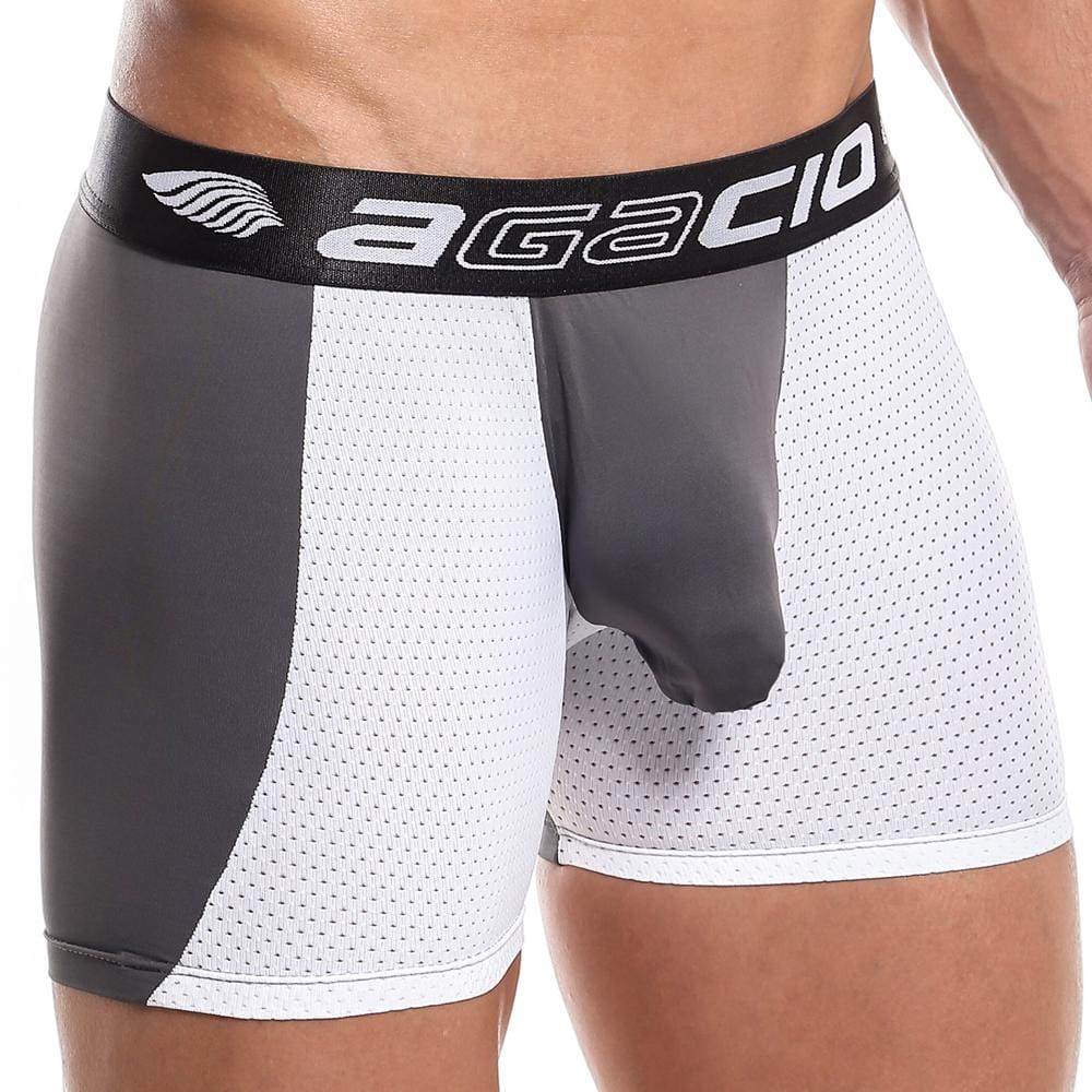 Someone wearing white and gray Agacio Beat It Boxer with a black logoed waistband. The mesh texture provides a sporty, fitted look, and the comfortable fabric ensures ease of movement.