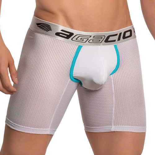 Someone is wearing Agacio Scuba Boxer Trunk, breathable underwear showcasing white mesh boxer briefs with a silver Agacio waistband. The trunk has turquoise accents, focuses on the midsection, and highlights the supportive pouch design.