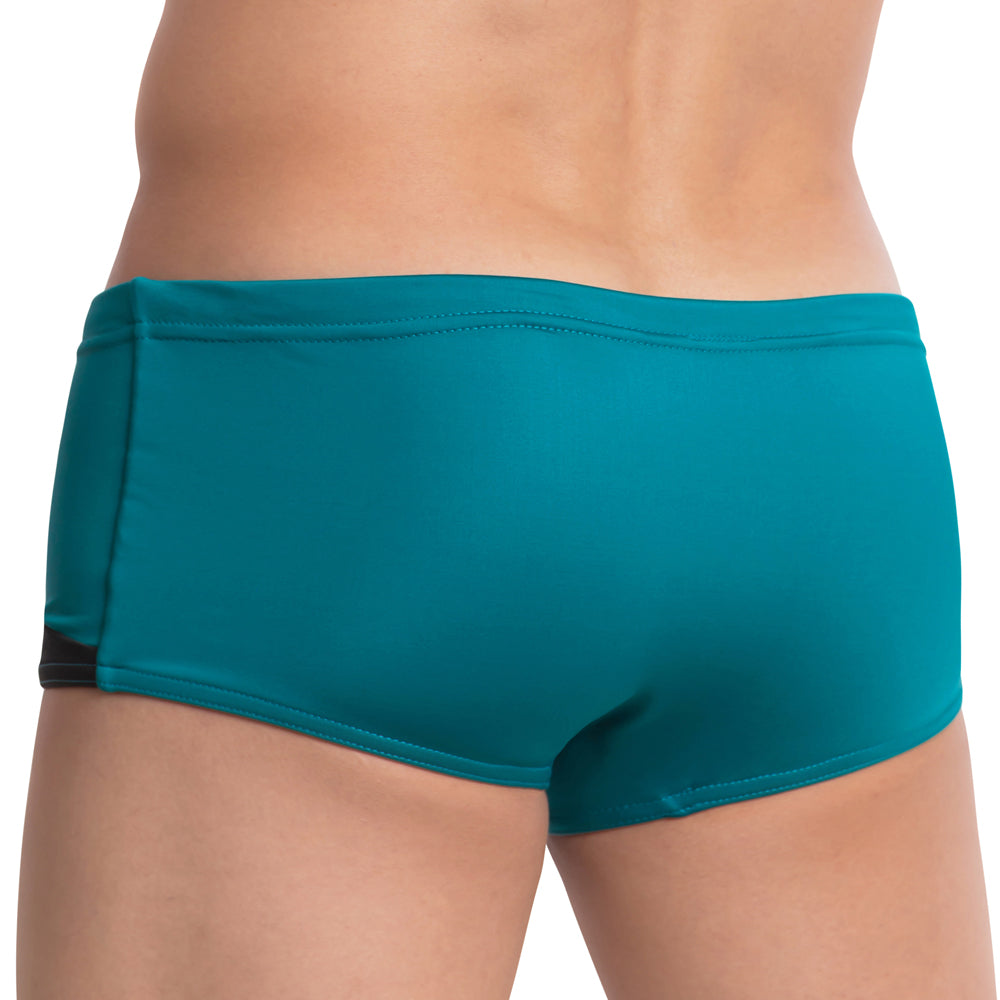 A person wearing Agacio Ocean Swim Trunks is seen from the back. The snug-fitting teal trunks, by Agacio, feature an adjustable drawstring for a perfect fit and a sleek design that stands out against light skin.