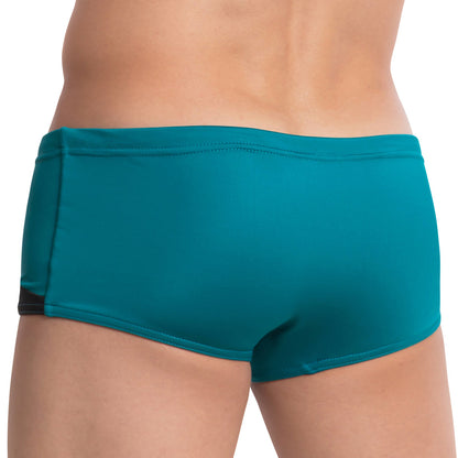 A person wearing Agacio Ocean Swim Trunks is seen from the back. The snug-fitting teal trunks, by Agacio, feature an adjustable drawstring for a perfect fit and a sleek design that stands out against light skin.