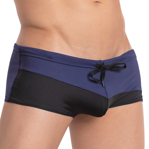 Close-up of a person wearing the Agacio Ocean Swim Trunk by Agacio, featuring a stylish navy blue and black two-tone design with an adjustable drawstring waist for comfort.