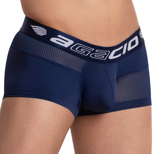 A person wearing Agacio Guy Boxer features stylish navy blue with sheer mesh panels and a bold white Agacio on the waistband, crafted from breathable fabric and adorned with a wing logo for impact.