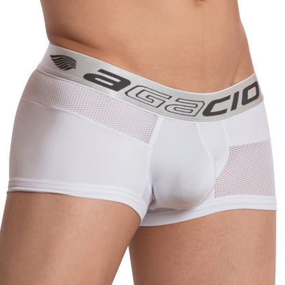 A person showcases their midsection in Agacio Guy Boxer underwear, featuring a sleek sheer design with a gray waistband and Agacio in black letters. The image emphasizes the stylish blend of breathable fabric and modern design.