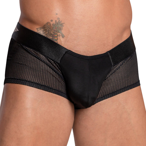A person wearing Agacio Sheer Sides Boxer Trunk, featuring a supportive pouch and wide elastic waistband, with a tattoo on their upper hip.