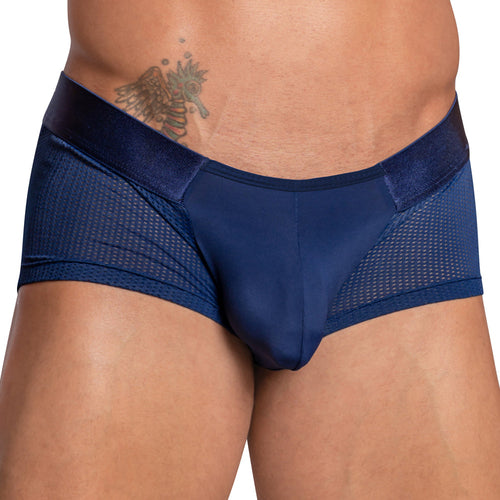 A person wears the Agacio Sheer Sides Boxer Trunk, a mens underwear in dark blue with sheer mesh panels and a wide elastic waistband, highlighting a tattoo near the waist. It features a supportive pouch for comfort.