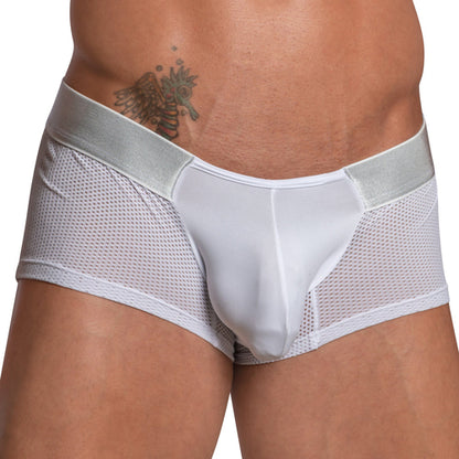 A person wears Agacios Sheer Sides Boxer Trunk featuring white mesh and shiny panels, a wide elastic waistband, and a supportive pouch for comfort. A partial winged tattoo is seen above the waistband, set against a neutral background.