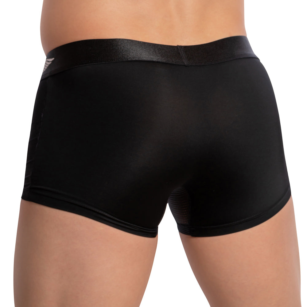 The image features a person wearing Agacio Strapped Piping Boxer Trunk by Agacio. The back view highlights the sleek design and elastic waistband, showcasing its sensual comfort. The fabric appears smooth and form-fitting, ensuring breathability.