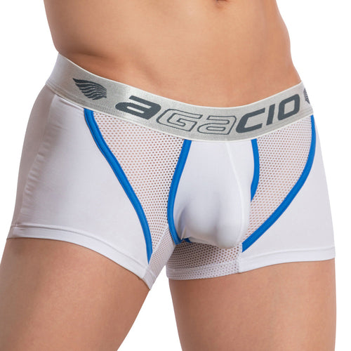 A person wearing Agacio Strapped Piping Boxer Trunk in white and blue featuring mesh accents and a gray waistband for sensual comfort and breathability.