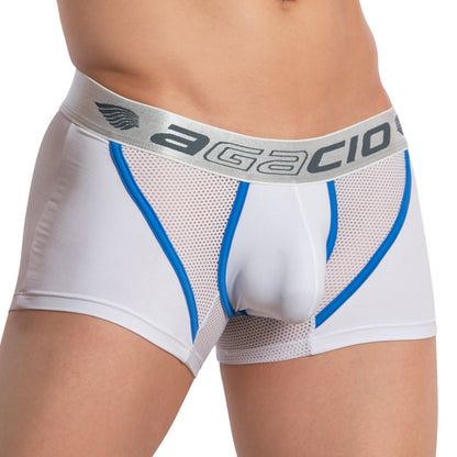 A person wearing Agacio Strapped Piping Boxer Trunk in white and blue featuring mesh accents and a gray waistband for sensual comfort and breathability.