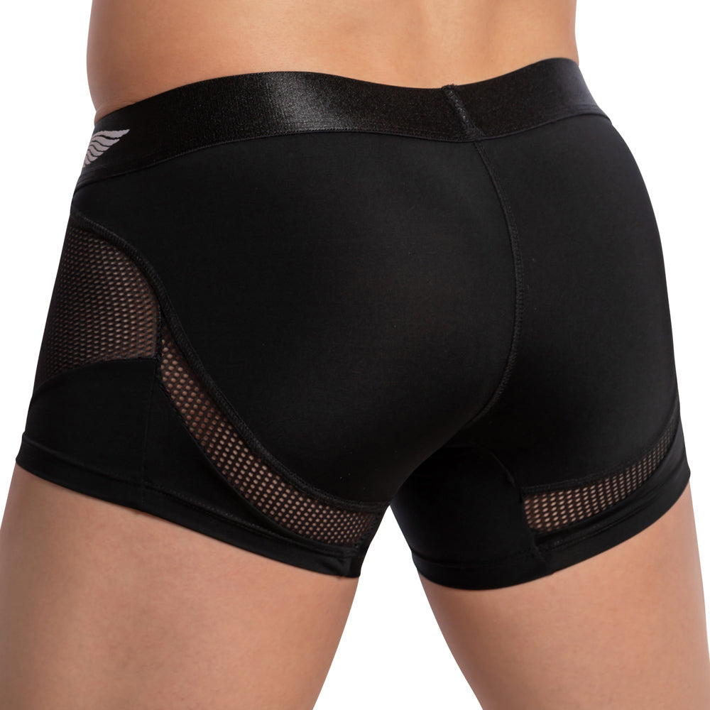 A person wearing snug black athletic shorts with mesh side panels and a shiny waistband stands facing away. The shorts, featuring a wing logo, enhance style and breathability similar to the Agacio Athletic Mesh Boxer Trunk.