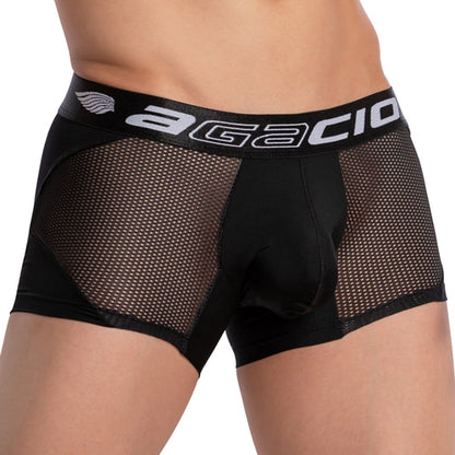 A person showcases the sexy snug fit of Agacio Athletic Mesh Boxer Trunk, featuring a distinct logo on the waistband. The see-through side mesh enhances breathability and style against a plain white backdrop.