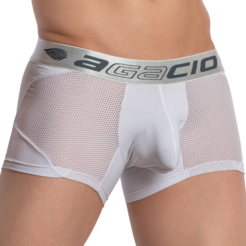 A torso modeling the Agacio Athletic Mesh Boxer Trunk with white mesh fabric, a wide silver waistband displaying Agacio in gray, and side panels for breathability. These boxers ensure a sexy snug fit.