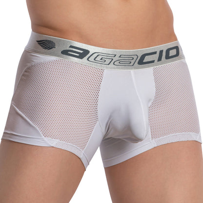 A torso modeling the Agacio Athletic Mesh Boxer Trunk with white mesh fabric, a wide silver waistband displaying Agacio in gray, and side panels for breathability. These boxers ensure a sexy snug fit.
