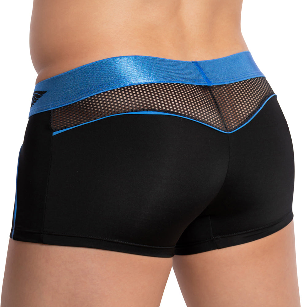 The person is wearing black shorts featuring a blue elastic waistband and back mesh panel, echoing the modern sporty design of Agacio Centerseam Bulge Boxer Trunk.