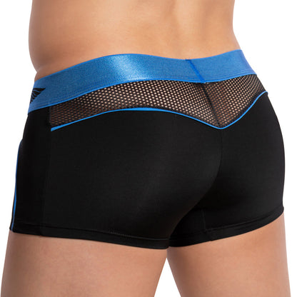 The person is wearing black shorts featuring a blue elastic waistband and back mesh panel, echoing the modern sporty design of Agacio Centerseam Bulge Boxer Trunk.