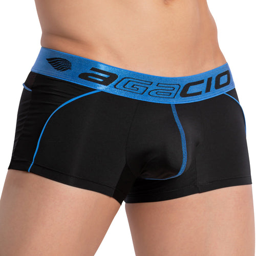 Someone sports the Agacio Centerseam Bulge Boxer Trunk, characterized by black fabric with blue trim and an elastic waistband adorned with the word AGACIO.