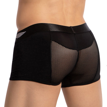 A person is shown from the waist down wearing Agacio Breathable Back Boxer Trunks. These black shorts, by Agacio, feature solid fabric with mesh panels and a wing design waistband for a comfortable, supportive fit. The background is plain white.