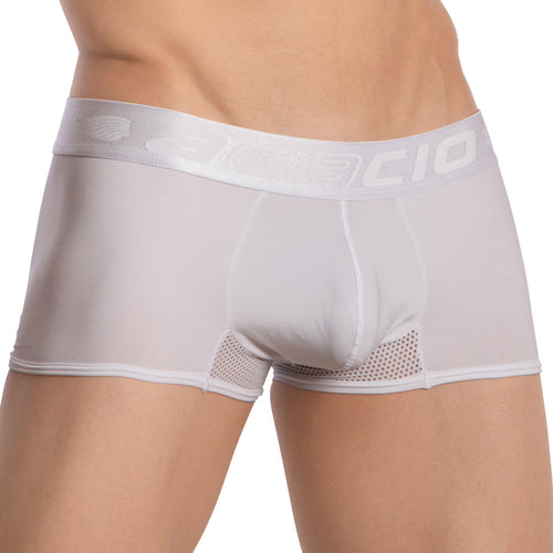 A person wearing the Agacio Breathable Back Boxer Trunk, featuring a snug fit with a silver waistband and mesh side panels, is shown from the waist down. The design from Agacio highlights comfort and sleek style through its fabric and details.