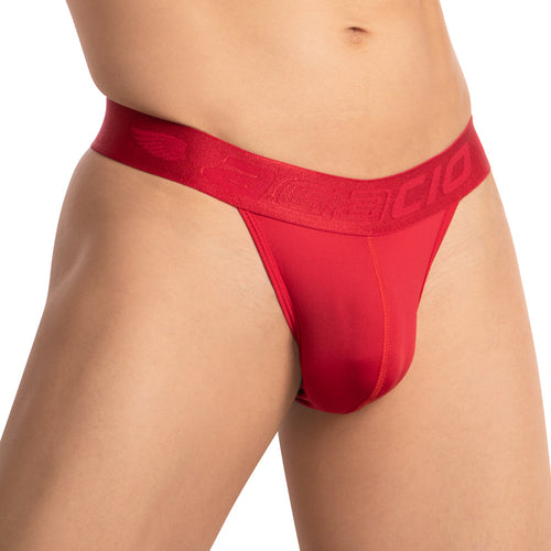 Wearing a red Agacio V-Shaped Pouch Thong exudes confidence, highlighting the torso and waist while subtly featuring the Agacio logo on the waistband.