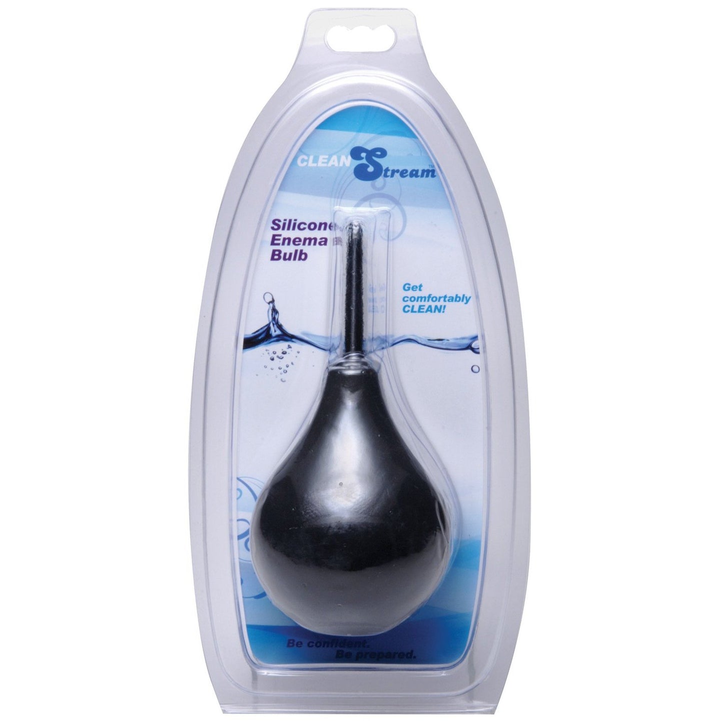 The Cleanstream Thin Tip Silicone Enema Bulb by XR Brands features a sleek black body-safe silicone bulb and an extra thin nozzle. The package showcases water splashes, with bold phrases like Get comfortably CLEAN! and Be comfortable. Be prepared.