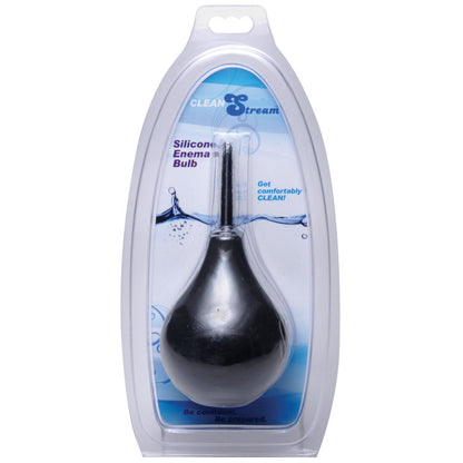 The Cleanstream Thin Tip Silicone Enema Bulb by XR Brands features a sleek black body-safe silicone bulb and an extra thin nozzle. The package showcases water splashes, with bold phrases like Get comfortably CLEAN! and Be comfortable. Be prepared.