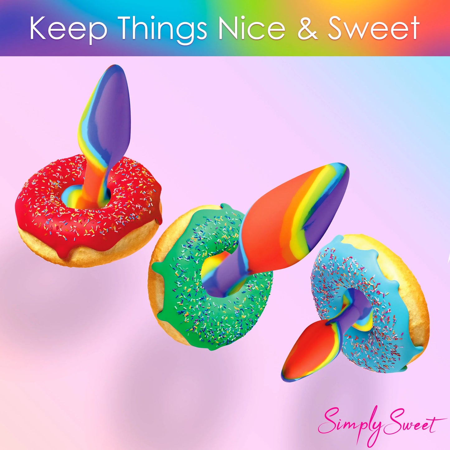 Three vibrant silicone donuts with rainbow spoons against a pastel backdrop read Keep Things Nice & Sweet. From Curve Novelties, its the Curve Toys Simply Sweet Rainbow Silicone Butt Plug Set.
