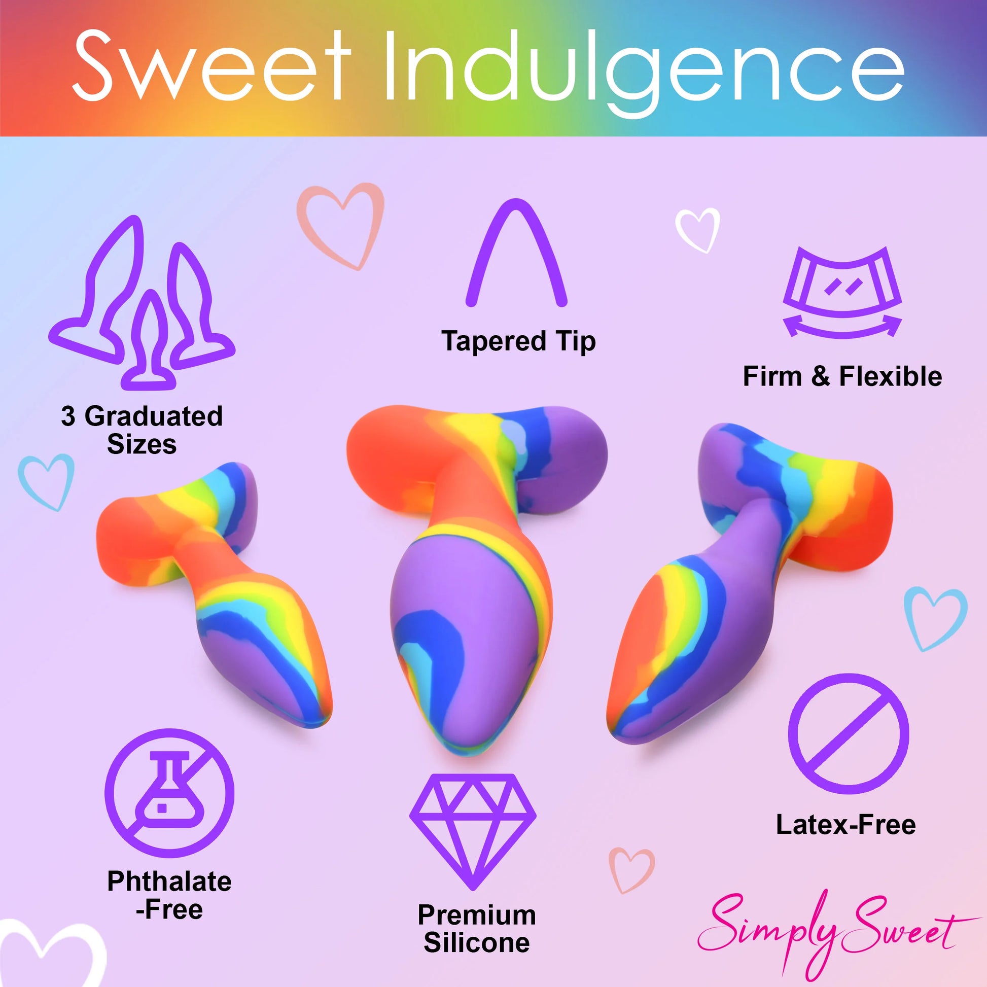 The Curve Toys Simply Sweet Rainbow Silicone Butt Plug Set by Curve Novelties features three vibrant, graduated silicone plugs for anal training. Made from phthalate-free and latex-free body-safe silicone, they have a tapered tip and firm flexibility. Text includes Sweet Indulgence with heart icons.