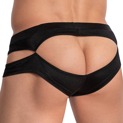 The Cover Male Shiny Pouch Jockstrap, by Cover Male, features a unique side cut design in black that reveals part of the buttocks, highlighting the lower back and delivering an innovative style.