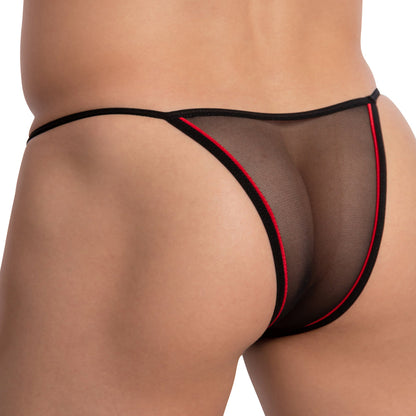 A side view shows a person wearing the Cover Male See-Through Back Bikini, featuring black mesh with red trim. The seductive, minimal style highlights the fabric and red accents, emphasizing fit and texture.