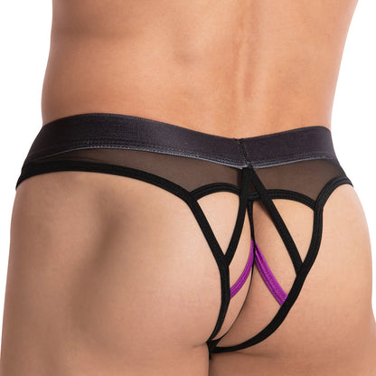 A model showcases the Cover Male Doral Bikini by Cover Male in an eye-catching black and purple strappy design from the back, featuring intricate mesh details and a stretchable sheer waistband that accentuates the lower back and waist.