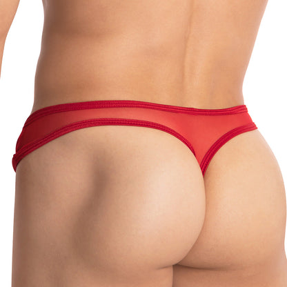The Cover Male Left Side Thong, by Cover Male, features a sexy sheer design in red mesh. Its lightweight material and body-hugging fit enhance the vibrant design and color against a neutral background.