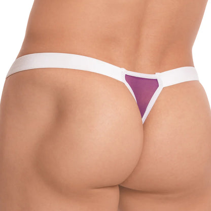 A close-up shot highlights the Cover Male Flex Thong, emphasizing its ultimate comfort and bold purple and white color palette on a plain white background.
