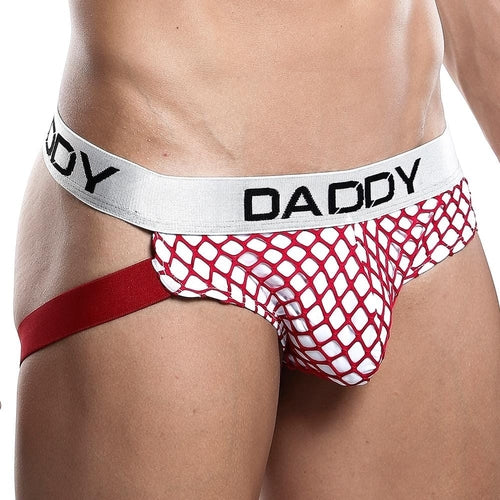 A person wearing the Daddy Jockstrap, featuring a stylish red and white net design with a wide DADDY waistband and functional pouch.