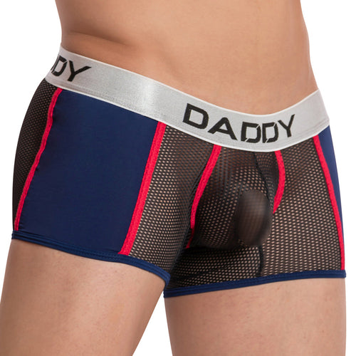 A person is wearing Daddy Pride Boxer underwear in blue and black with red trim, crafted from breathable mesh fabric. The supportive waistband is silver and displays the brand name DADDY.