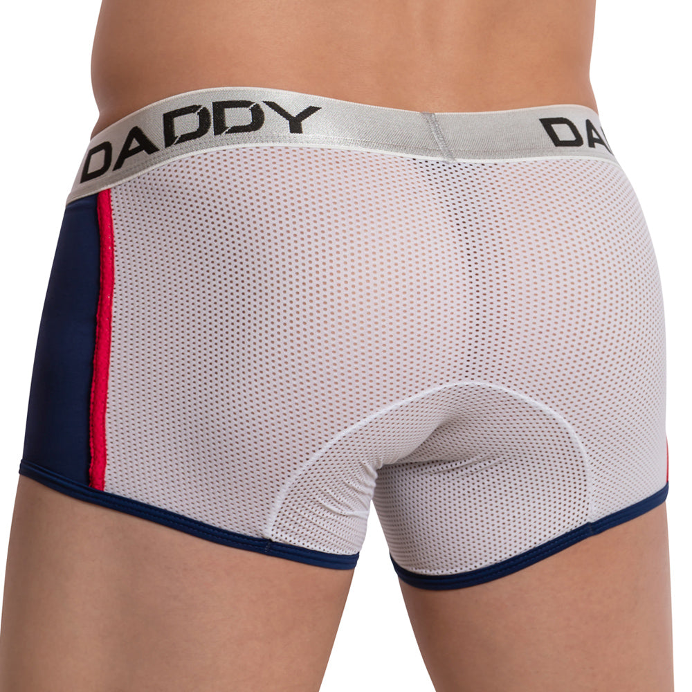 The Daddy Pride Boxer by Daddy features breathable white and navy mesh material, a supportive waistband with DADDY in bold black lettering, and striking red side accents.