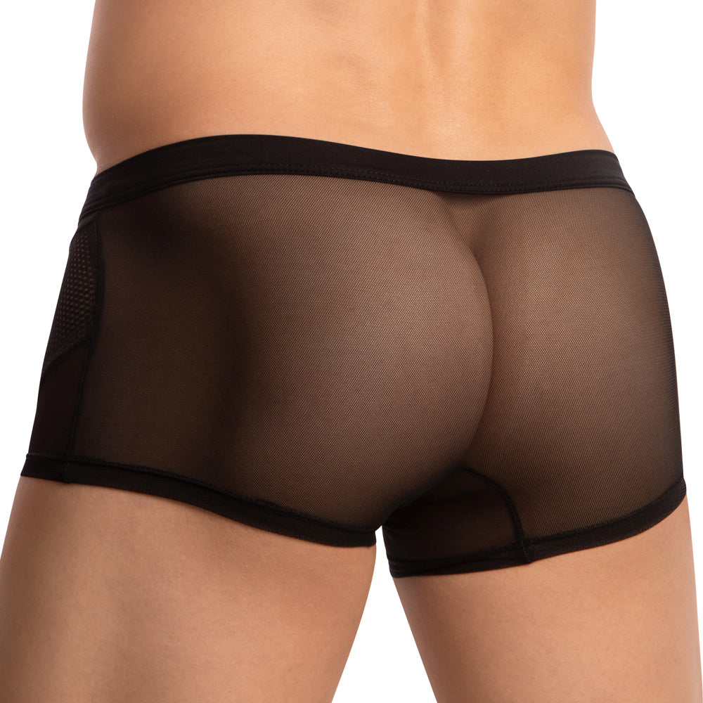 A model wearing black Daddy Breathable Mesh Boxer Trunk is shown from the back, highlighting its seductive vibe with intricate fishnet fabric and snug fit.