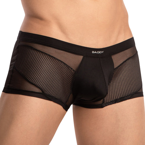 A model highlights the seductive Daddy Breathable Mesh Boxer Trunk, flaunting a solid waistband marked with DADDY. These boxers expertly combine fishnet fabric with solid panels for a teasing glimpse of skin, emphasizing the alluring midsection.