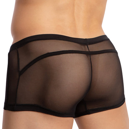 A person is seen from the back wearing Daddys black, sheer mesh Enhanced Pouch Boxer Trunk, emphasizing the breathable fabrics texture and fit. The see-through underwear features solid black seams for a striking contrast.