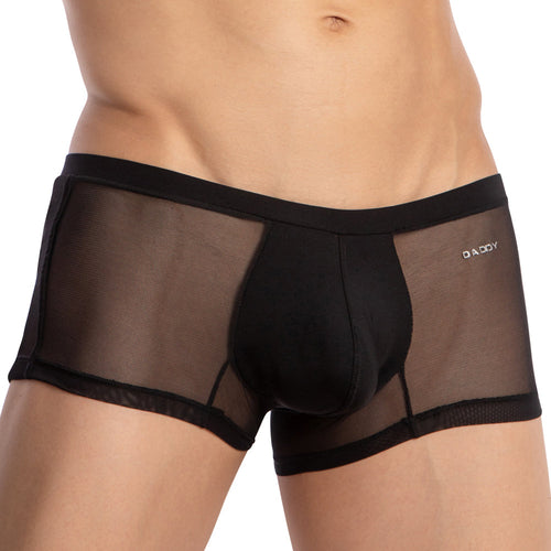 A model showcases the Daddy Enhanced Pouch Boxer Trunk, featuring breathable fabric and a waistband with Daddy, set against a plain white background.