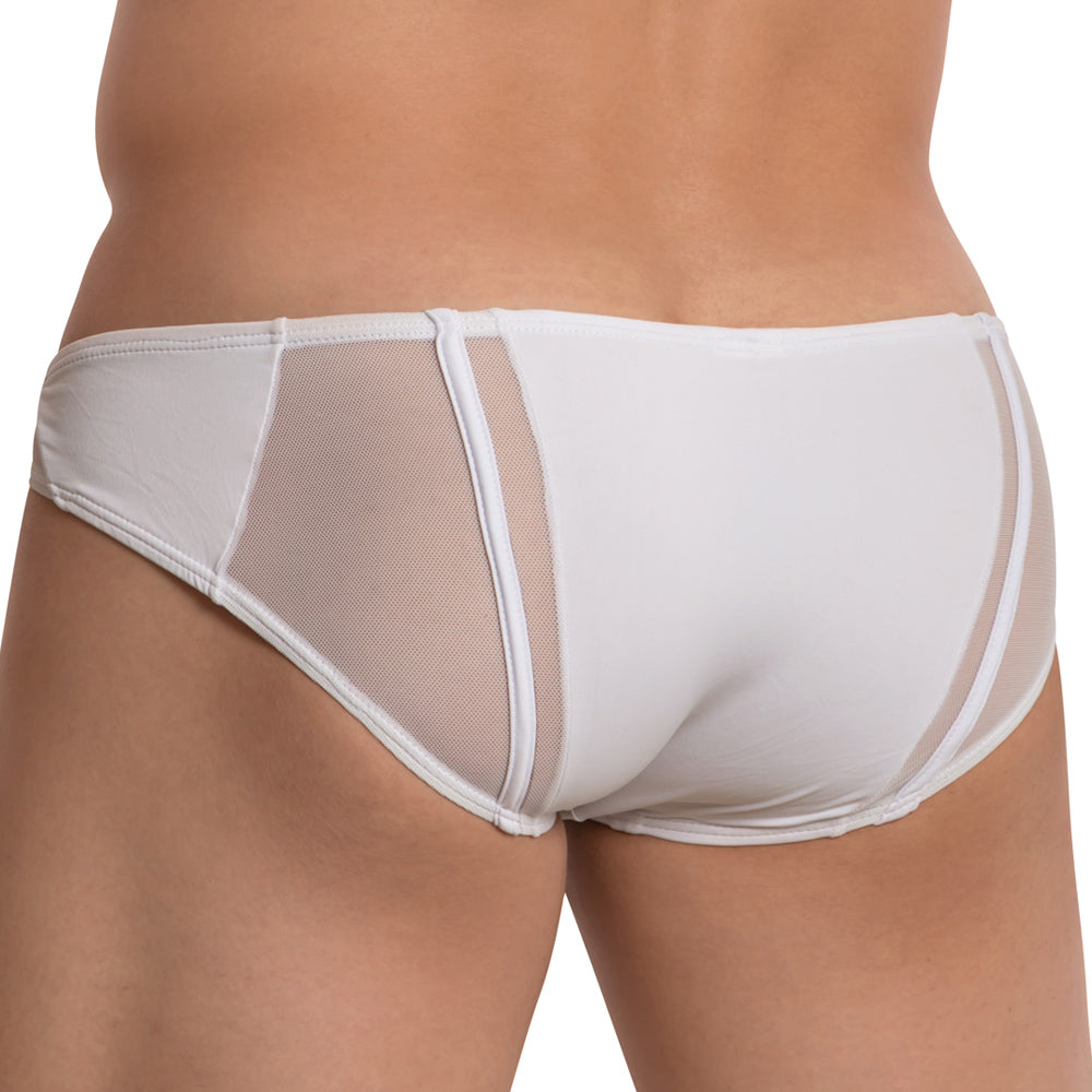 A model wears the Daddy Equality Briefs, showcasing white briefs with mesh side panels from a back view. The design includes a smooth texture blending sheer and solid fabrics, providing a snug fit highlighted by vertical piping for added style.