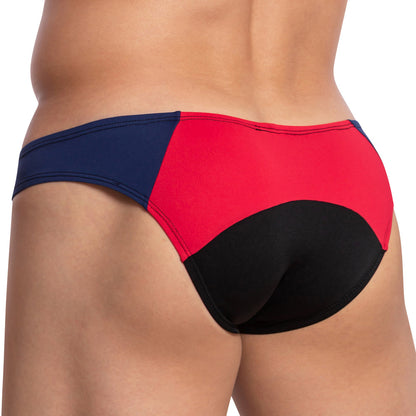 A close-up captures a person wearing the Daddy Party Out Bikini from a side angle, showcasing its luxurious fit and sensual navy, red, and black fabric.