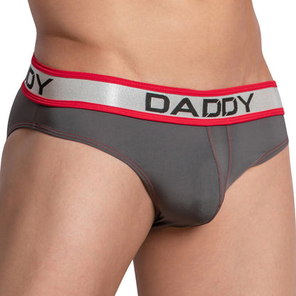 A close-up shows someone wearing Daddys gray Dazzler Briefs with a red and silver waistband showcasing DADDY. The body-enhancing fit highlights the midsection, while the shiny, stretchy fabric provides a sleek look, keeping their face hidden.