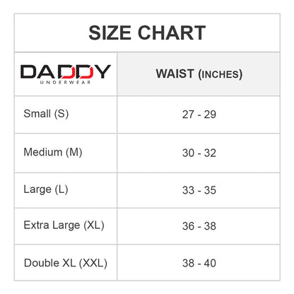 Check out the size chart for Daddy Pyramid Thong with its V-shape design and package-enhancing pouch: Small (S) 27-29, Medium (M) 30-32, Large (L) 33-35, Extra Large (XL) 36-38, Double XL (XXL) 38-40.