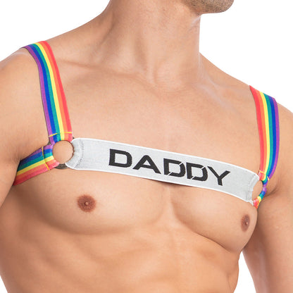 A person wears the vibrant Daddy Underwear Daddy 2.0 Color Harness, featuring rainbow straps and a bold white chest band displaying DADDY, highlighting the upper torso with this striking mens accessory.