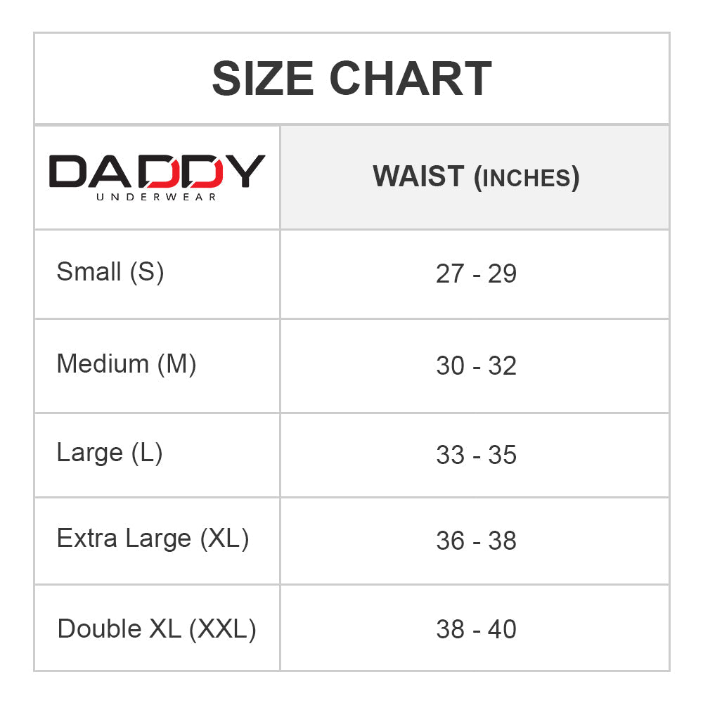 Size chart for Daddy Wide Waistband Jockstrap: S 27-29, M 30-32, L 33-35, XL 36-38, XXL 38-40.